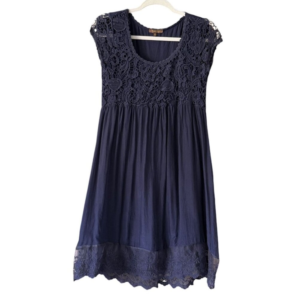 Piazzo Roma Navy Blue Lace Detail Silk Dress S Crocheted Detail Italy Romantic